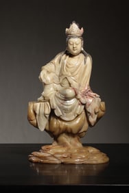 QING DYNASTY SHOUSHAN STONE SEATED STATUE OF GUANYIN