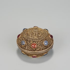 QING DYNASTY PURE SILVER FILIGREE INLAID TREASURE LID BOX