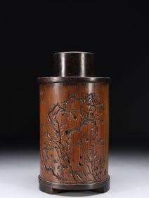 QING DYNASTY. YE'AN CARVED BAMBOO CAVE STONE FLOWER PATTERN TEA CAN
