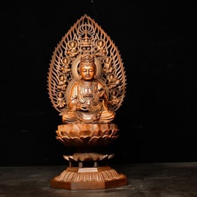 OLD WOOD CARVING SITTING GUANYIN BUDDHA STATUE
