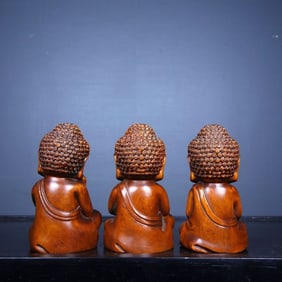 OLD WOOD CARVING SITTING THREE TREASURE BUDDHAS SET
