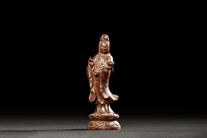 ALOE WOOD CARVED 'GUANYIN' STANDING FIGURE