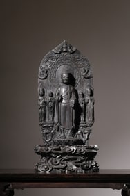 QING AGARWOOD CARVED STATUE OF SHAKYAMUNI STANDING IN THE NORTHERN QI DYNASTY