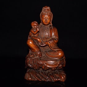 OLD WOOD CARVING KIDS SENDING GUANYIN STATUE, ALL WISHES COME TRUE