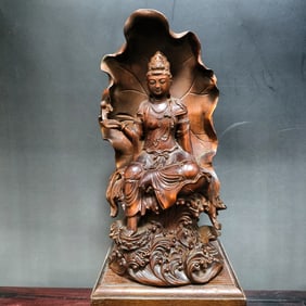 OLD WOOD CARVING LOTUS GUANYIN BUDDHA STATUE