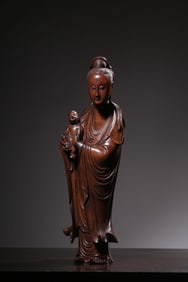 REPUBLIC OF CHINA BOXWOOD CARVED STANDING STATUE OF GUANYIN DELIVERING CHILD