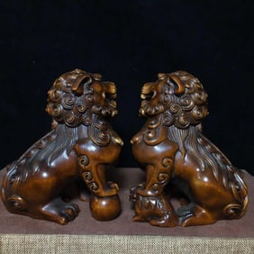 OLD WOOD CARVING LIONS PAIR