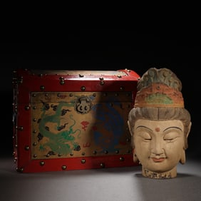 QING DYNASTY WOODCARVING AND PAINTED BUDDHA HEAD