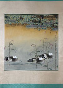 ZHANG DAQIAN, HAND PAINTING FLOWERS AND BIRDS SCROLL