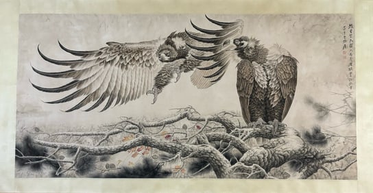 ZHANG DAQIAN, HAND PAINTING EAGLE PICTURE MOUNTED PAPER