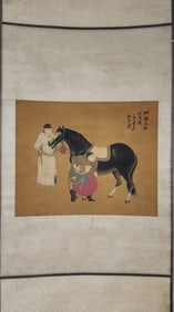 ZHANG DAQIAN, HAND PAINTING PORTRAIT OF MAN AND HORSE SILK SCROLL