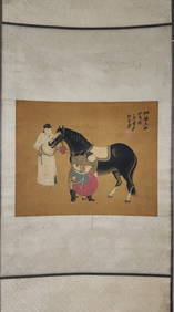 ZHANG DAQIAN, HAND PAINTING PORTRAIT OF MAN AND HORSE SILK SCROLL (1 of 9)