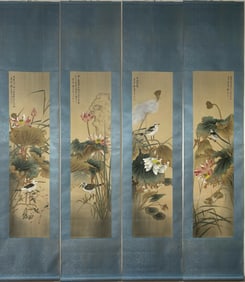 ZHANG DAQIAN, HAND PAINTING LOTUS FLOWERS, FLOWERS AND BIRDS, FOUR SCROLLS SET