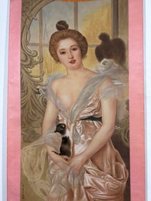 LANG SHINING, HAND PAINTING WESTERN BEAUTY HUGGING CAT SILK SCROLL