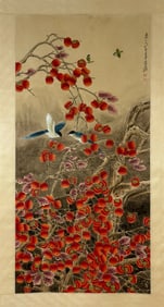 ZHANG DAQIAN, HAND PAINTING PERSIMMON FLOWERS AND BIRDS SCROLL