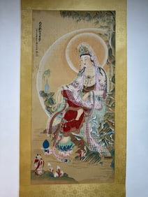 ZHANG DAQIAN, HAND PAINTING GUANYIN BODHISATTVA BUDDHA SILK SCROLL