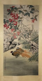 CHEN ZHIFO, HAND PAINTING FLOWER AND BIRD SCROLL