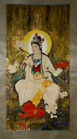 ZHANG DAQIAN, HAND PAINTING GUANYIN BUDDHA SCROLL