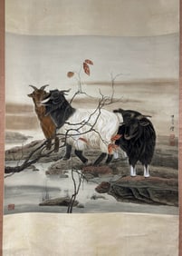 CHEN ZHICAI, HAND PAINTING SANYANG KAITAI AUSPICIOUS THREE SHEEP SCROLL
