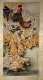 ZHANG DAQIAN, HAND PAINTING AUSPICIOUS COCKS CORNS SCROLL