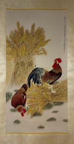 ZHANG DAQIAN, HAND PAINTING AUSPICIOUS COCKS SCROLL