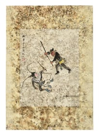 GUAN LIANG: INK AND COLOR ON PAPER PAINTING 'CHINESE OPERA'