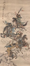 FU BAOSHI, HAND PAINTING THREE BATTLING AGAINST LU BU SCROLL