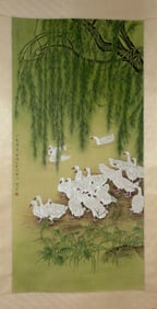 CHEN ZHIFO, HAND PAINTING WILLOW A FLOCK OF DUCK SCROLL