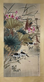 ZHANG DAQIAN, HAND PAINTING LOTUS FLOWERS AND BIRDS SCROLL