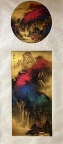 ZHANG DAQIAN GOLD PAPER SPLASH THE COLOR OF LANDSCAPE PAINTING LONG SCROLL