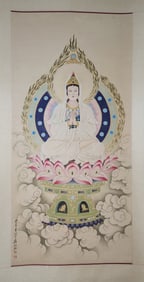 ZHANG DAQIAN, HAND PAINTING GUANYIN BUDDHA SCROLL