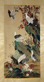 TIAN SHIGUANG, HAND PAINTING PEACE DOVE SCROLL