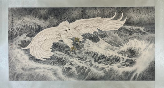 ZHANG DAQIAN, HAND PAINTING FLYING EAGLE ABOVE SEA MOUNTED PAPER