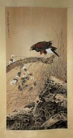 ZHANG DAQIAN, HAND PAINTING SCROLL OF FLOWERS AND BIRDS
