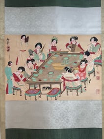 SONG HUIZONG, HAND PAINTING TANG PALACE NIGHT BANQUET PICTURE SILK SCROLL