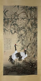 ZHANG DAQIAN, HAND PAINTING TWO CRANES SCROLL