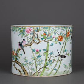 QING QIANLONG PINK ENAMEL FLOWER AND BIRD POEM AND TEXT PEN HOLDER