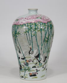 QING YONGZHENG POWDERED COLOR BAMBOO FOREST FLYING CRANE PLUM VASE