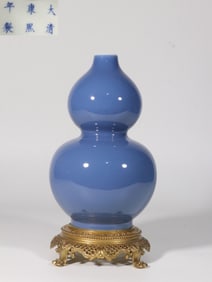 QING KANGXI PERIOD EXQUISITE SKY BLUE GLAZE COPPER GOURD BOTTLE