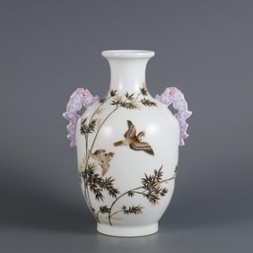 GRISAILLE VASE WITH BAMBOO AND SPARROW MOTIFS WITH DRAGON HANDLES DURING THE QIANLONG PERIOD IN THE