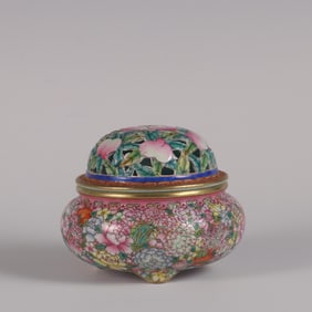 QING QIANLONG GOLD GROUND PINK ENAMEL INCENSE BURNER WITH TEN THOUSAND PATTERNS