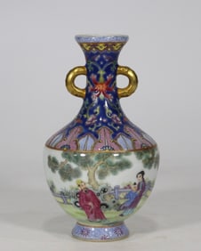 QING QIANLONG CLOISONNE FIGURE STORY POEM DOUBLE EAR BOTTLE