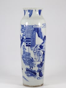 MING CHONGZHEN PERIOD BLUE-AND-WHITE CYLINDRICAL VASE WITH THE "BING JI INQUIRING ABOUT THE OX"