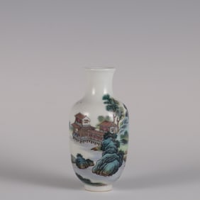 QING QIANLONG CLOISONNE LANDSCAPE PAVILION VASE