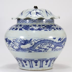 YUAN BLUE AND WHITE DOUBLE DRAGONS CHASING LOTUS LEAVES LID JAR