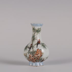 QING QIANLONG CLOISONNE BAMBOO BIRD PAINTING MELON AND DIAMOND VASE