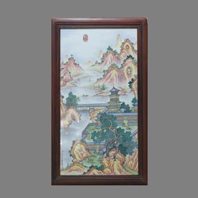 LARGE PORCELAIN PLAQUE DEPICTING LANDSCAPE PAVILIONS IN FAMILLE-ROSE COLORS FROM THE QIANLONG PERIOD