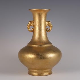 QING QIANLONG GILDED PEACOCK TAIL GRASS DOUBLE EAR VASE