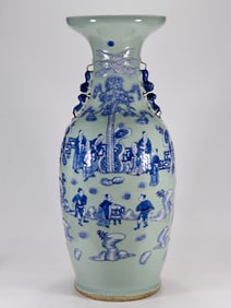MID QING DYNASTY, GREEN GLAZE BLUE FIGURE STORY VASE WITH WEDDING DRESS