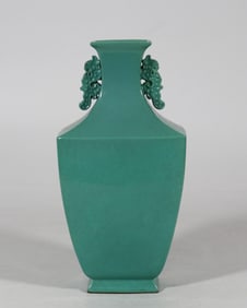 QING QIANLONG PINE STONE GREEN GLAZE DOUBLE EAR BOTTLE